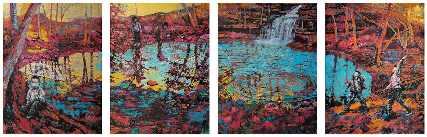 彩色湖四联画, 2025, 布上油画, 每件48x36英寸